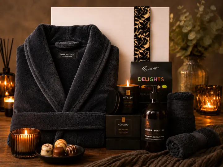 Dark plush robe with candles and chocolates