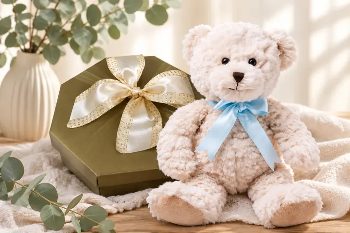 Cream teddy bear beside an olive gift box with a gold ribbon