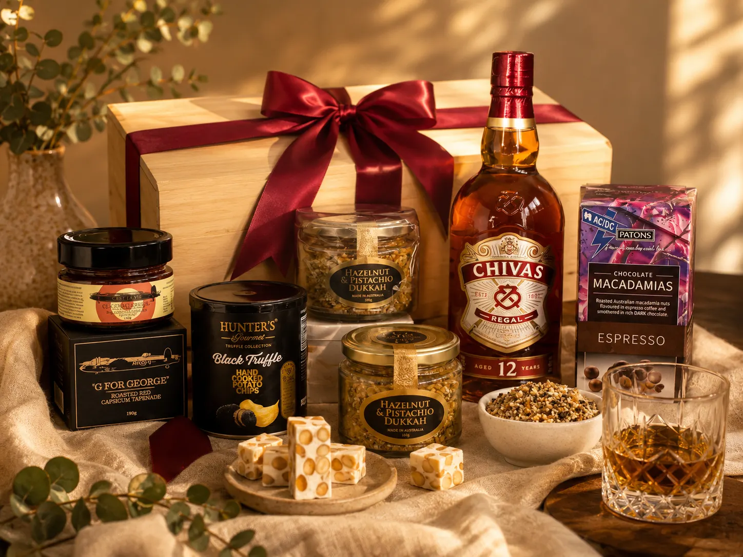 Wooden gift box tied with a deep red ribbon beside whisky, dukkah and nougat