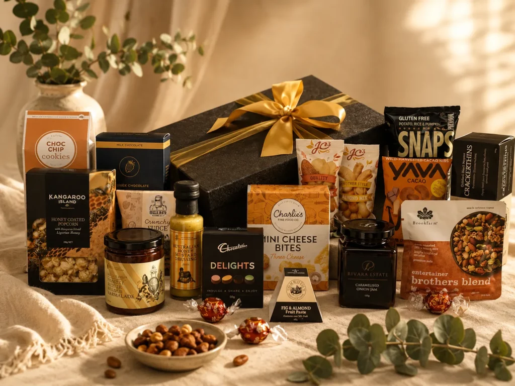 Gourmet gift hamper with a gold ribbon, crackers, chocolates and preserves on ivory linen with eucalyptus