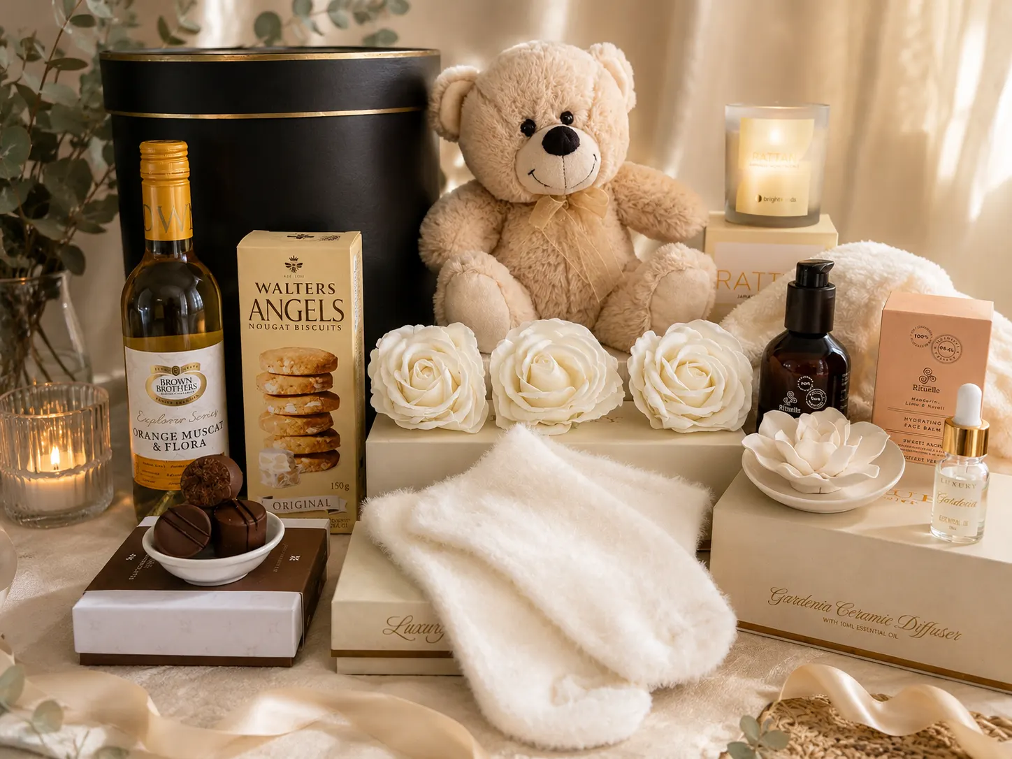 Pamper hamper with a teddy bear, candles, cream roses and soft slippers