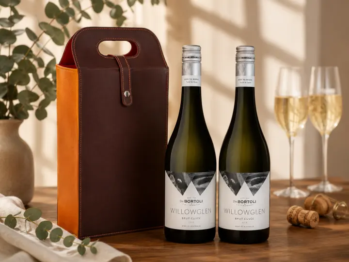Two bottles of sparkling wine in a leather carrier with filled glasses