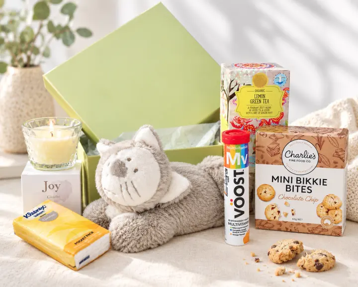 Get well gift box with a plush cat, lemon green tea, tissues and biscuits