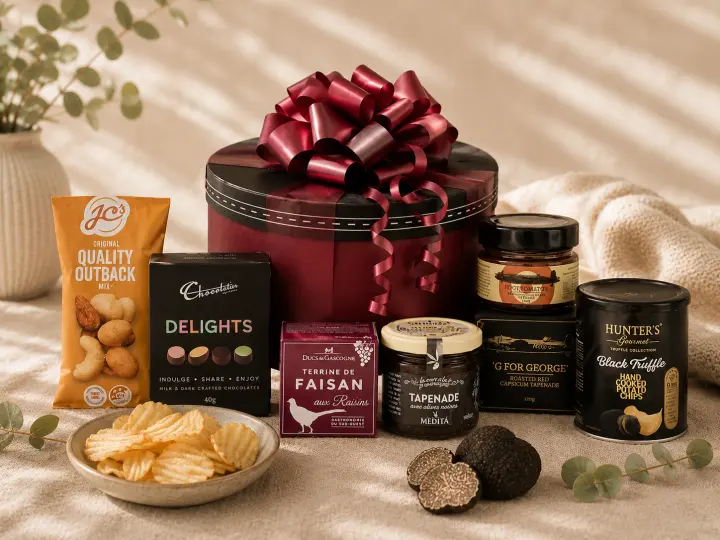 Gourmet nibbles hamper with a burgundy hatbox